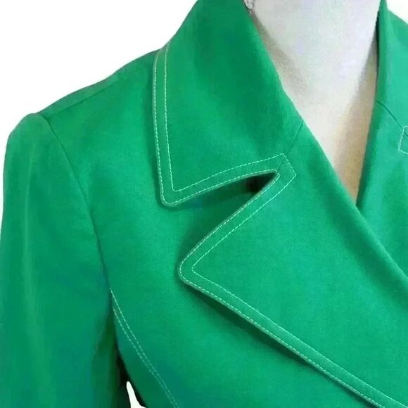 LK Bennett Bright Green Double Breasted Trench Coat Lined w/Navy Dots Size 4 - Picture 2 of 8